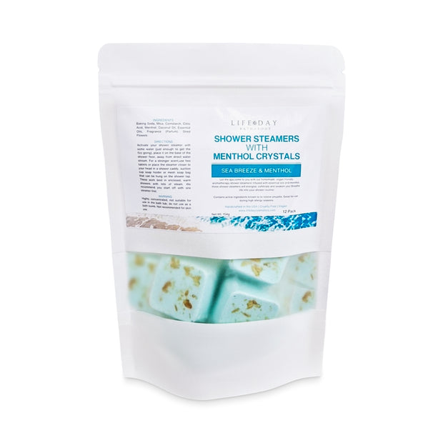 Indulge in our vegan shower steamers, infused with essential oils and menthol for a revitalizing spa experience. Escape stress and breathe in new life with every shower. Sea Breeze and Menthol Fragrance. 12 Pack White Stand Up Pouch.